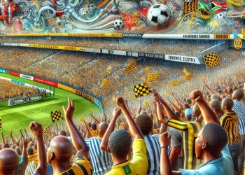 A lively football stadium filled with cheering fans in Kaizer Chiefs and Orlando Pirates jerseys, surrounded by colorful banners and flags.